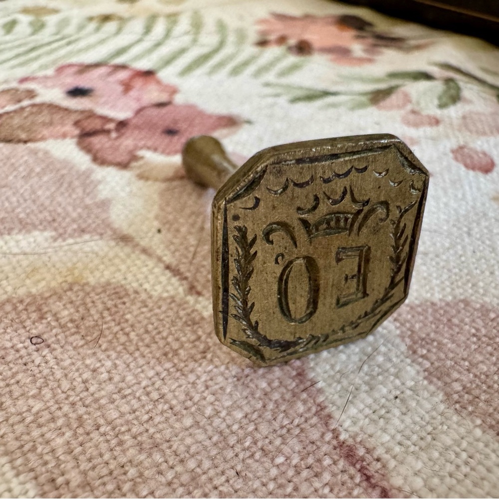 Antique Brass Wax Stamp Seal Crown Monogram E O  Initials